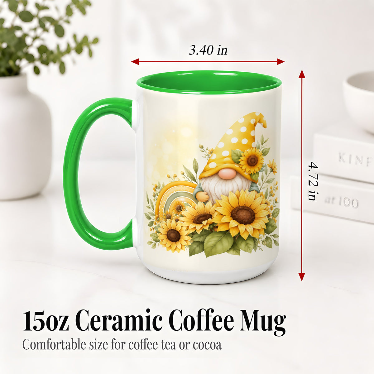 #pl[15oz|Green] Sunflower Gnome Ceramic Mug, Yellow Floral Rainbow Garden Artwork