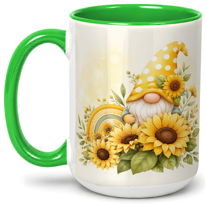 #pl[15oz|Green] Sunflower Gnome Ceramic Mug, Yellow Floral Rainbow Garden Artwork