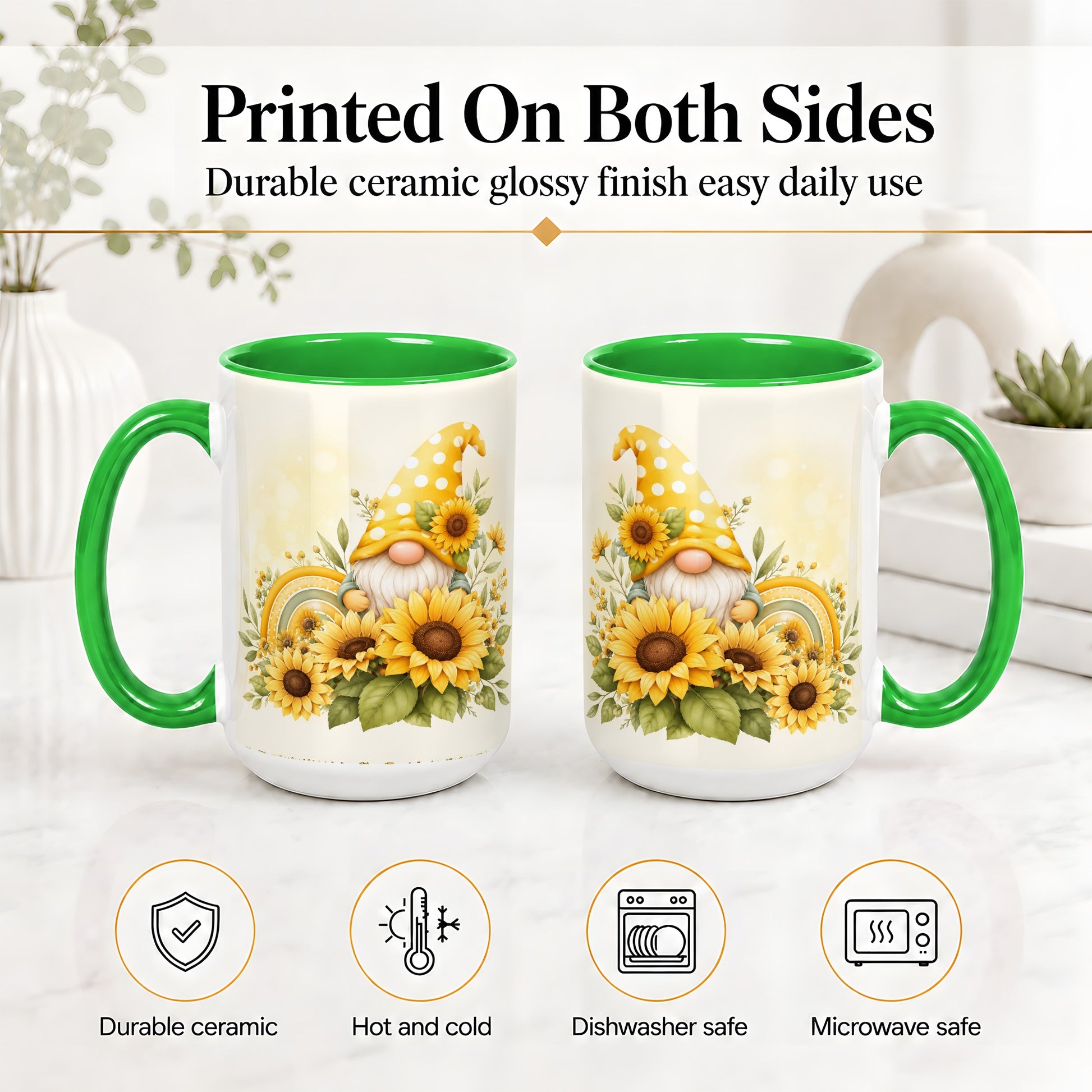 #pl[15oz|Green] Sunflower Gnome Ceramic Mug, Yellow Floral Rainbow Garden Artwork