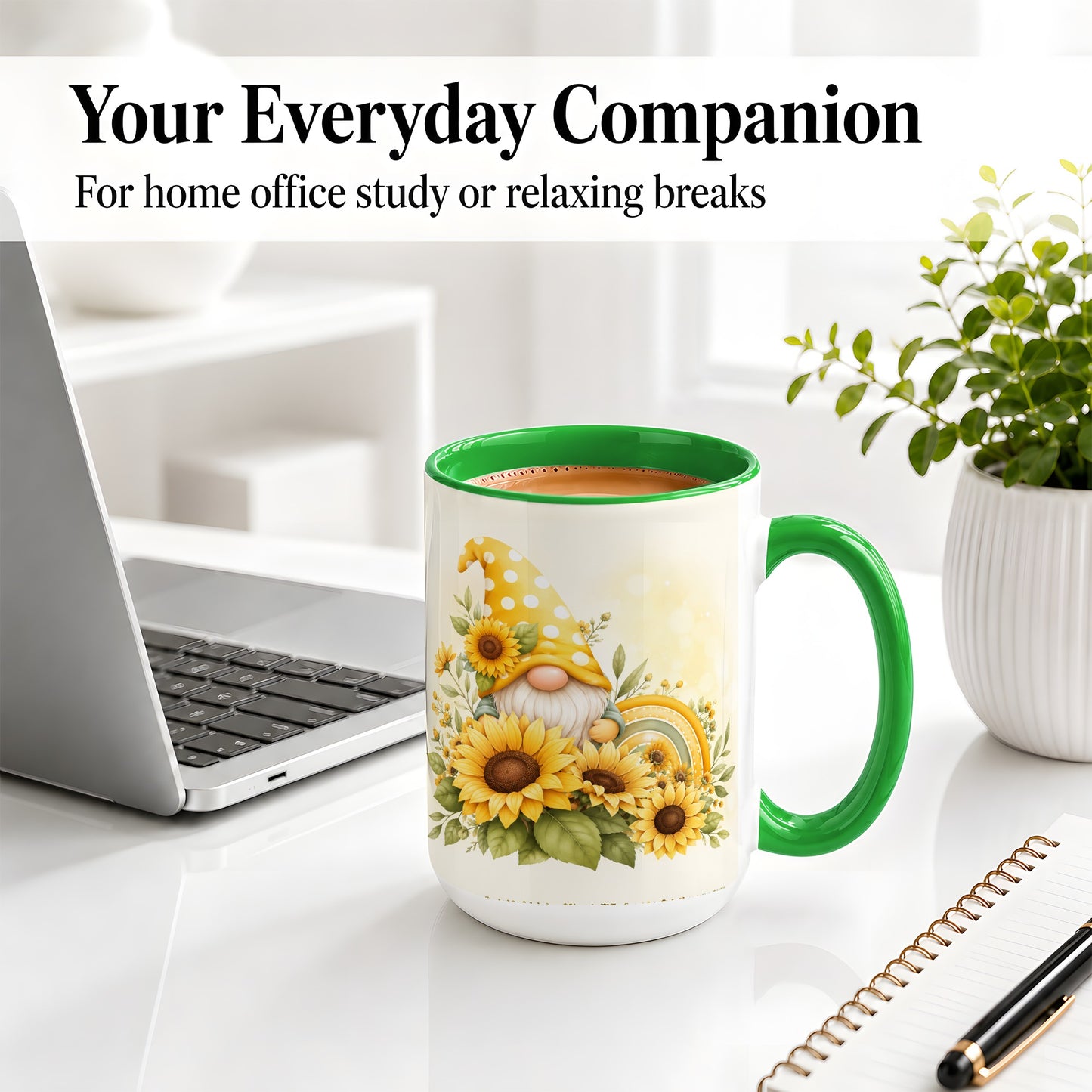#pl[15oz|Green] Sunflower Gnome Ceramic Mug, Yellow Floral Rainbow Garden Artwork
