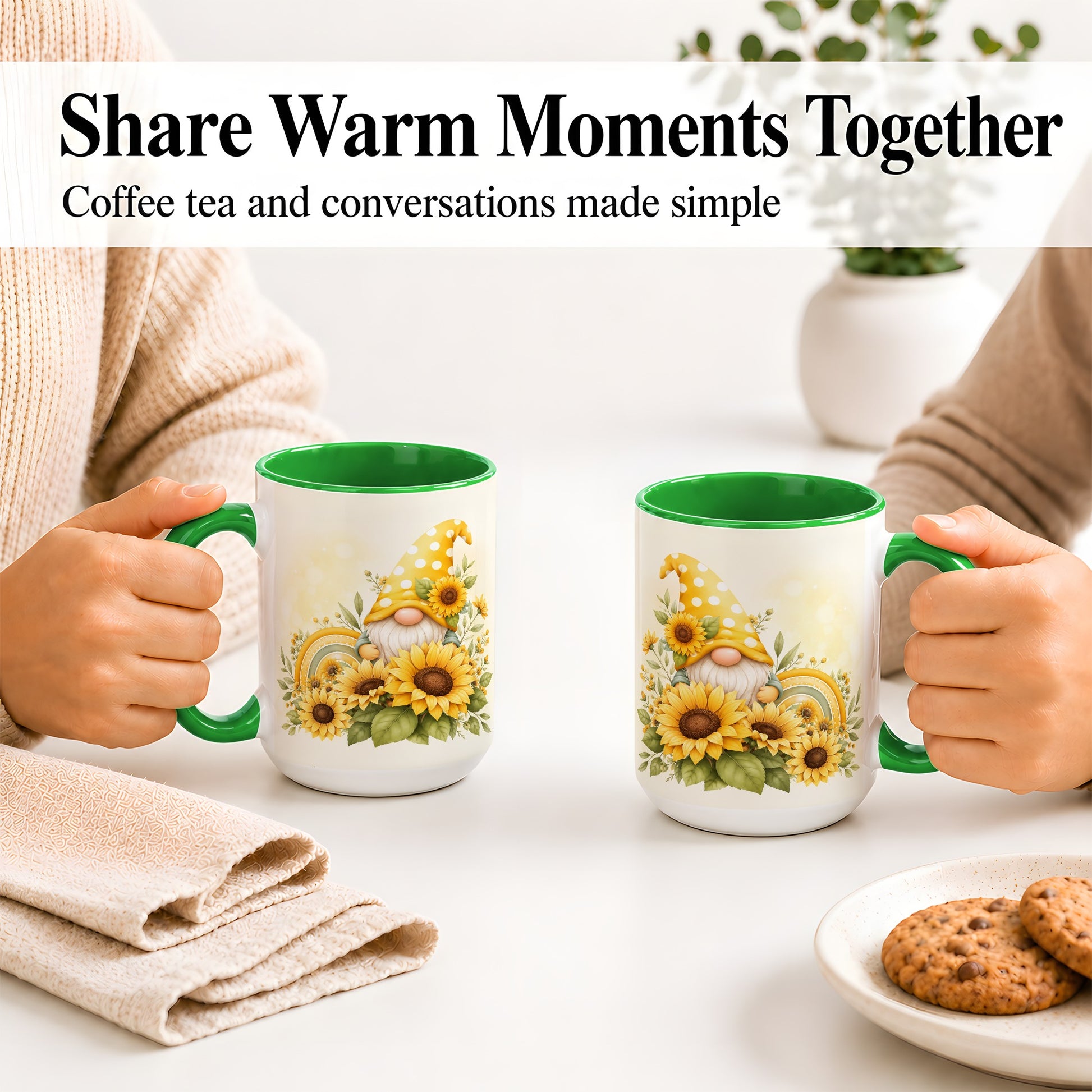 #pl[15oz|Green] Sunflower Gnome Ceramic Mug, Yellow Floral Rainbow Garden Artwork