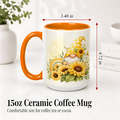 #pl[15oz|Orange] Sunflower Gnome Ceramic Mug, Yellow Floral Rainbow Garden Artwork