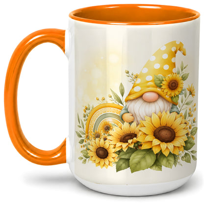 #pl[15oz|Orange] Sunflower Gnome Ceramic Mug, Yellow Floral Rainbow Garden Artwork