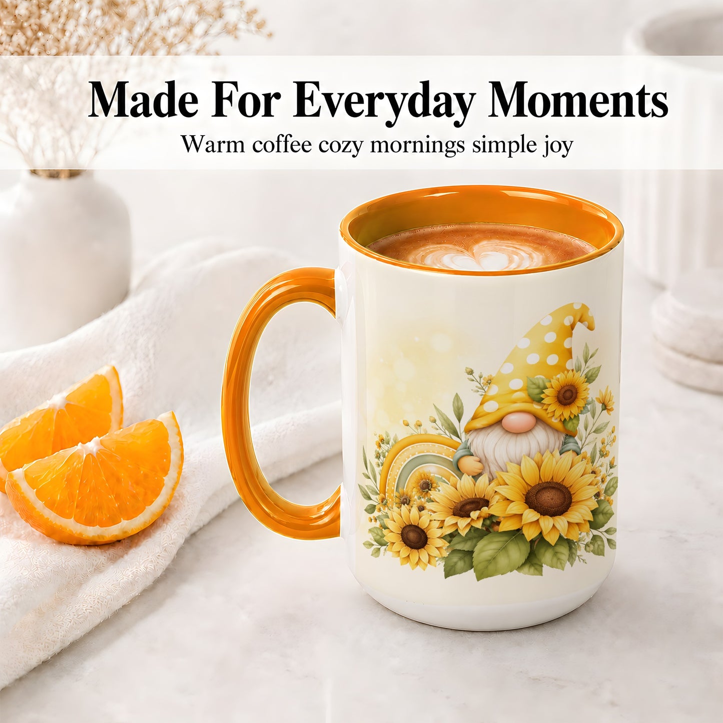 #pl[15oz|Orange] Sunflower Gnome Ceramic Mug, Yellow Floral Rainbow Garden Artwork