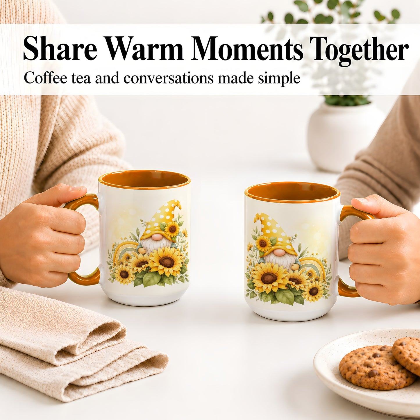 #pl[15oz|Orange] Sunflower Gnome Ceramic Mug, Yellow Floral Rainbow Garden Artwork