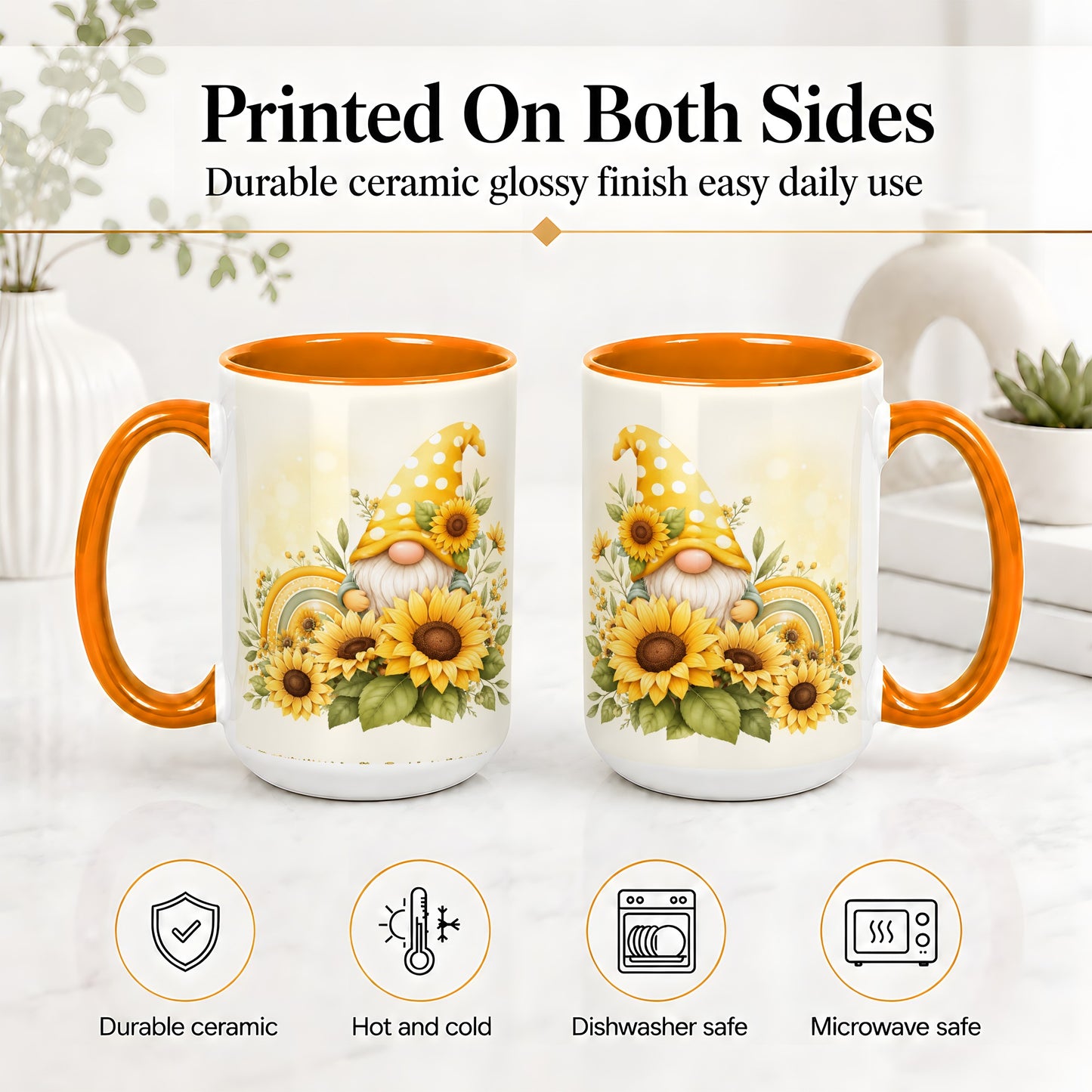 #pl[15oz|Orange] Sunflower Gnome Ceramic Mug, Yellow Floral Rainbow Garden Artwork