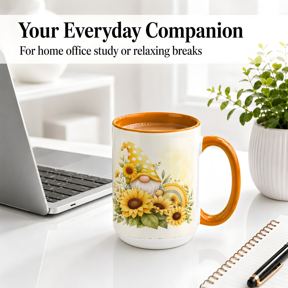 #pl[15oz|Orange] Sunflower Gnome Ceramic Mug, Yellow Floral Rainbow Garden Artwork