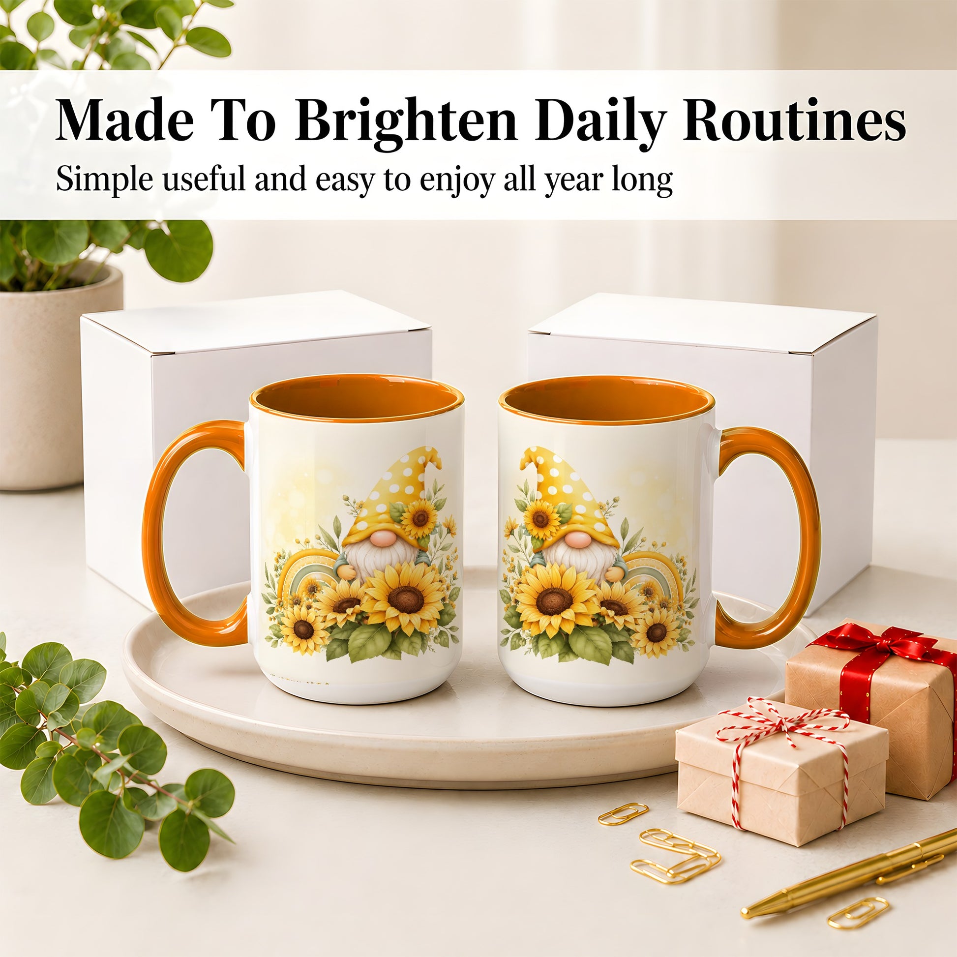 #pl[15oz|Orange] Sunflower Gnome Ceramic Mug, Yellow Floral Rainbow Garden Artwork