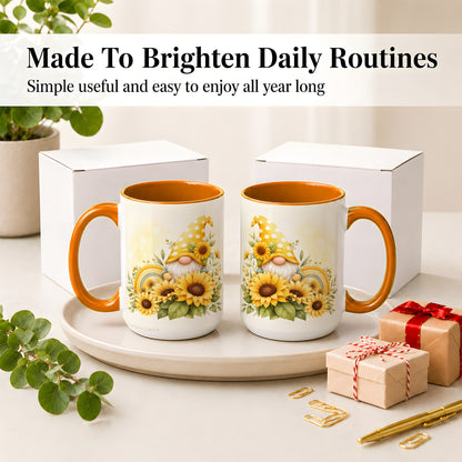 #pl[15oz|Orange] Sunflower Gnome Ceramic Mug, Yellow Floral Rainbow Garden Artwork