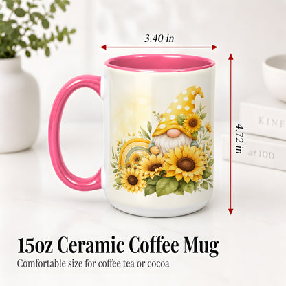 #pl[15oz|Pink] Sunflower Gnome Ceramic Mug, Yellow Floral Rainbow Garden Artwork