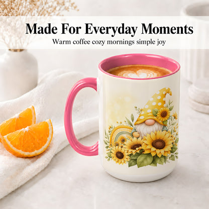 #pl[15oz|Pink] Sunflower Gnome Ceramic Mug, Yellow Floral Rainbow Garden Artwork