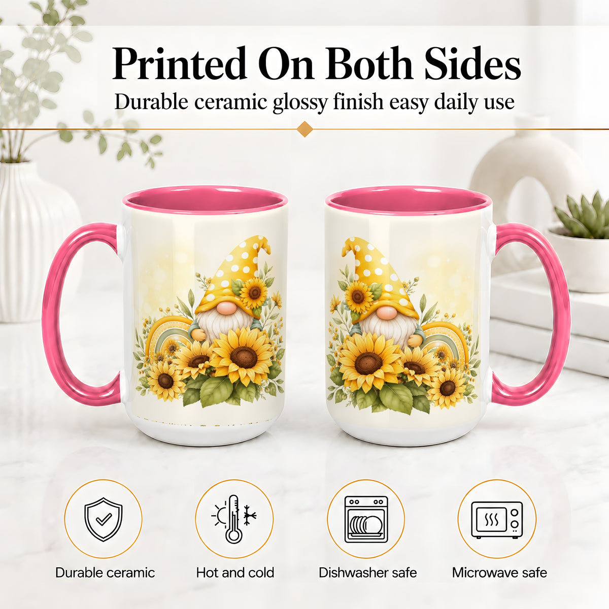 #pl[15oz|Pink] Sunflower Gnome Ceramic Mug, Yellow Floral Rainbow Garden Artwork