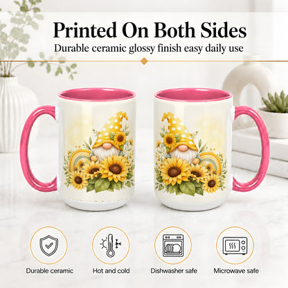 #pl[15oz|Pink] Sunflower Gnome Ceramic Mug, Yellow Floral Rainbow Garden Artwork