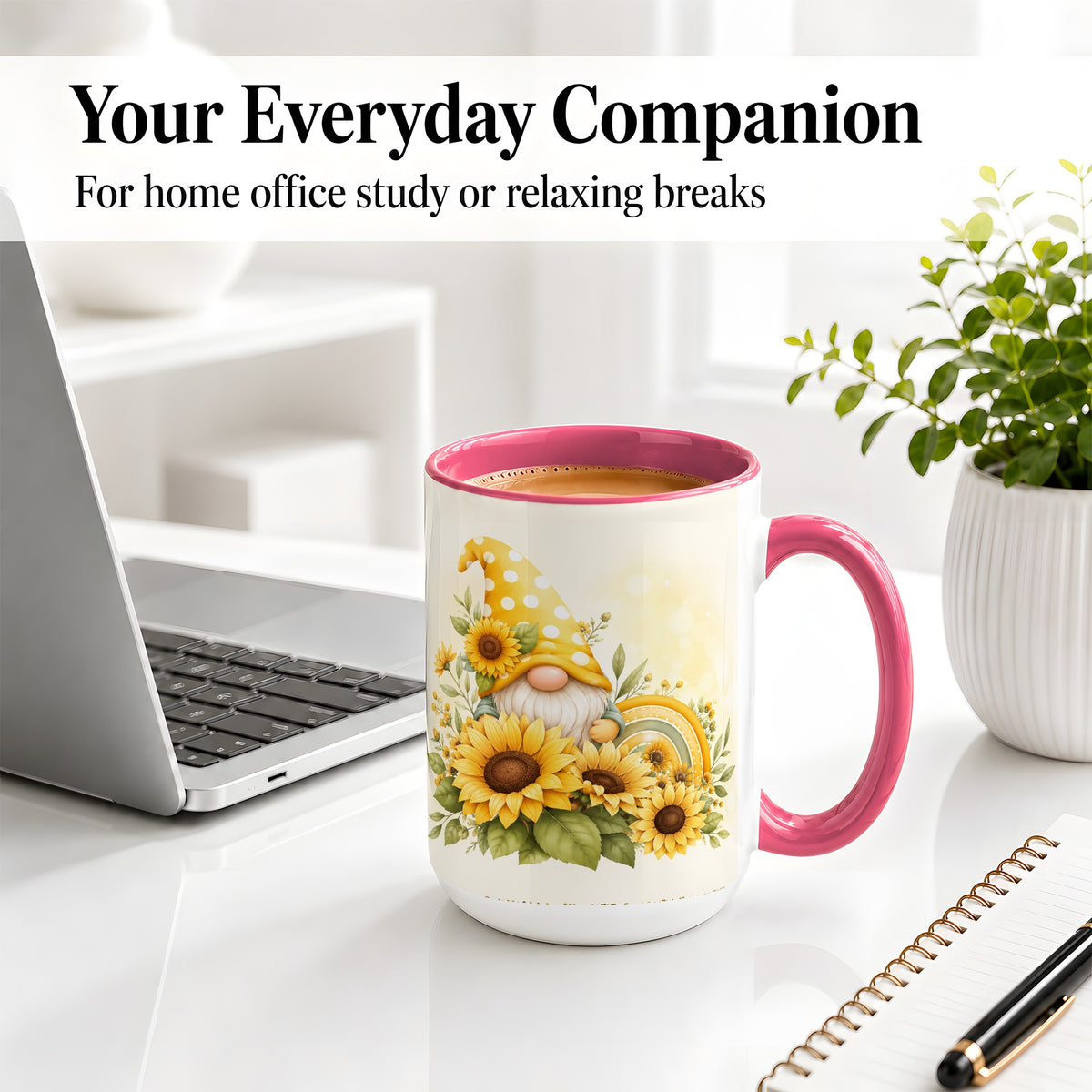 #pl[15oz|Pink] Sunflower Gnome Ceramic Mug, Yellow Floral Rainbow Garden Artwork