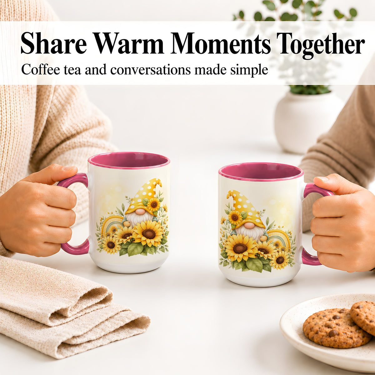 #pl[15oz|Pink] Sunflower Gnome Ceramic Mug, Yellow Floral Rainbow Garden Artwork