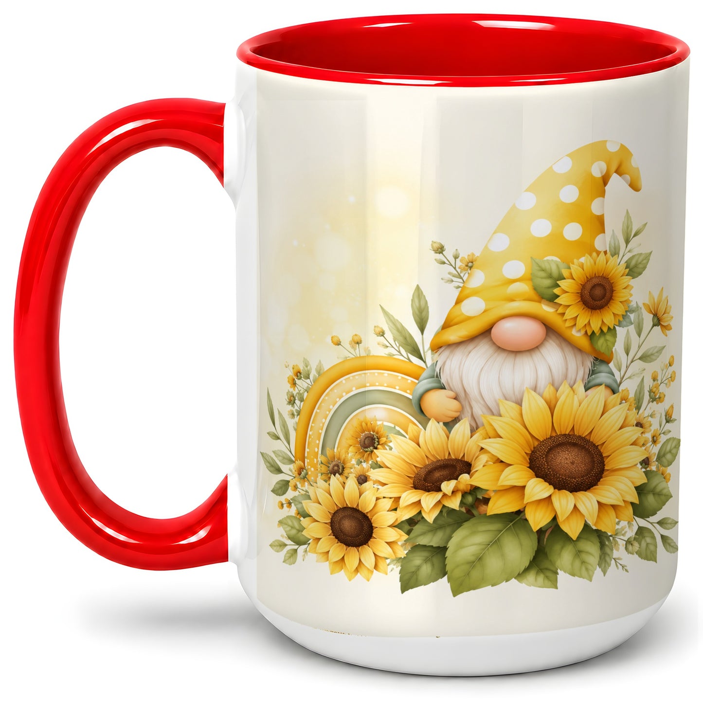 #pl[15oz|Red] Sunflower Gnome Ceramic Mug, Yellow Floral Rainbow Garden Artwork