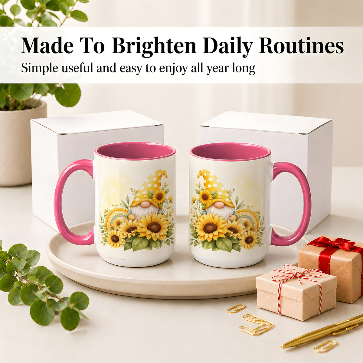 #pl[15oz|Pink] Sunflower Gnome Ceramic Mug, Yellow Floral Rainbow Garden Artwork