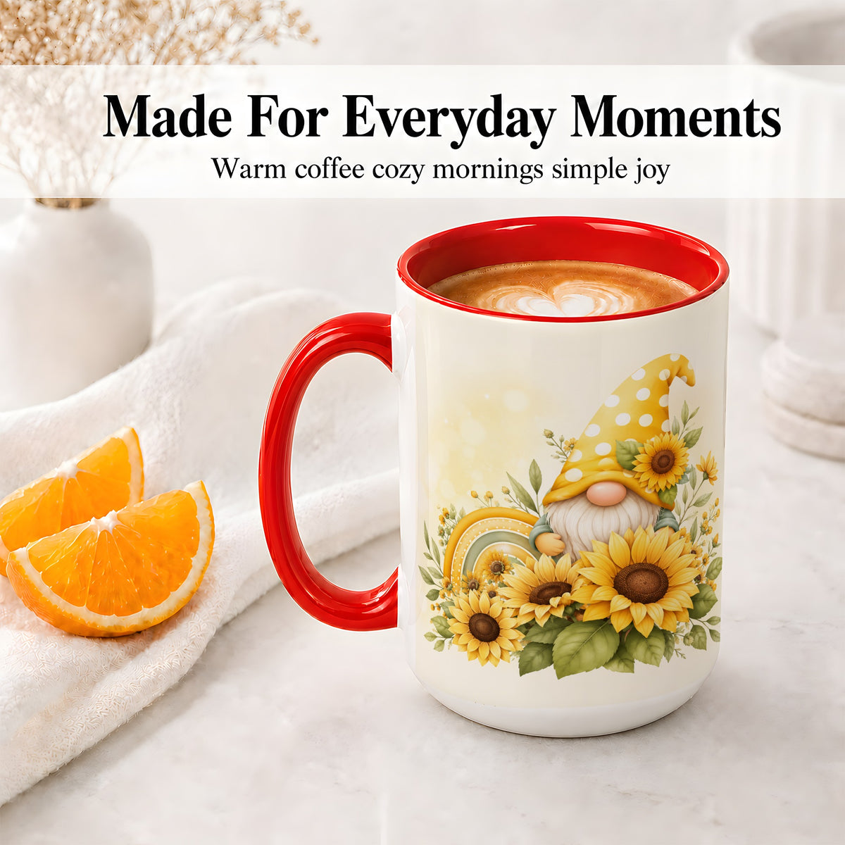#pl[15oz|Red] Sunflower Gnome Ceramic Mug, Yellow Floral Rainbow Garden Artwork