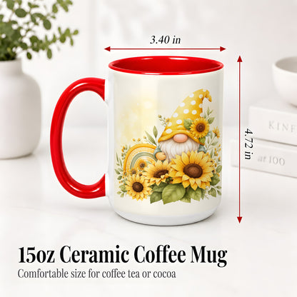 #pl[15oz|Red] Sunflower Gnome Ceramic Mug, Yellow Floral Rainbow Garden Artwork