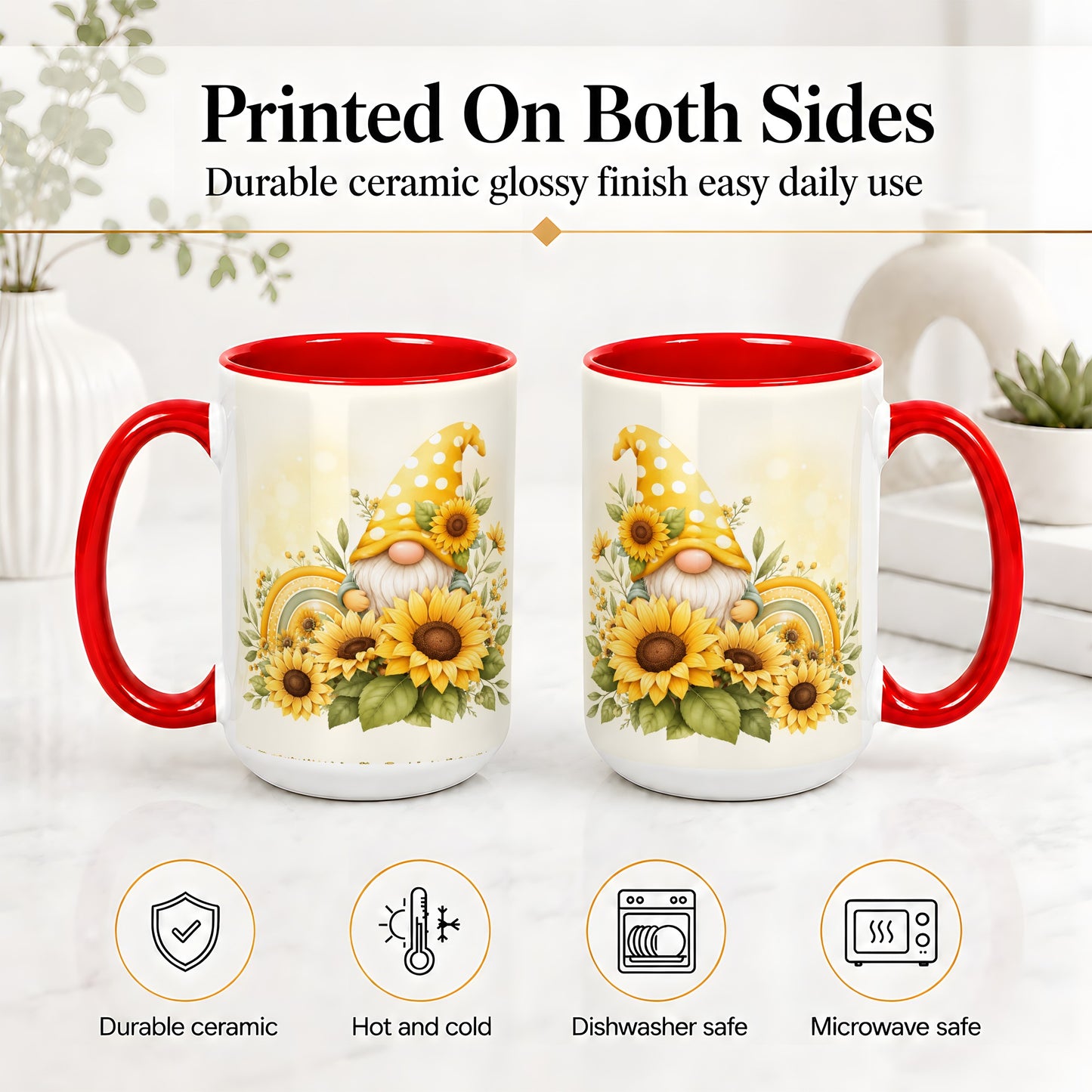 #pl[15oz|Red] Sunflower Gnome Ceramic Mug, Yellow Floral Rainbow Garden Artwork