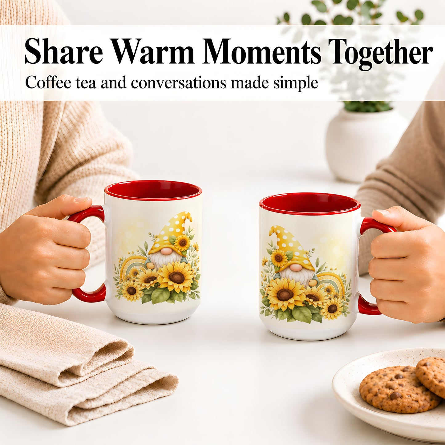 #pl[15oz|Red] Sunflower Gnome Ceramic Mug, Yellow Floral Rainbow Garden Artwork