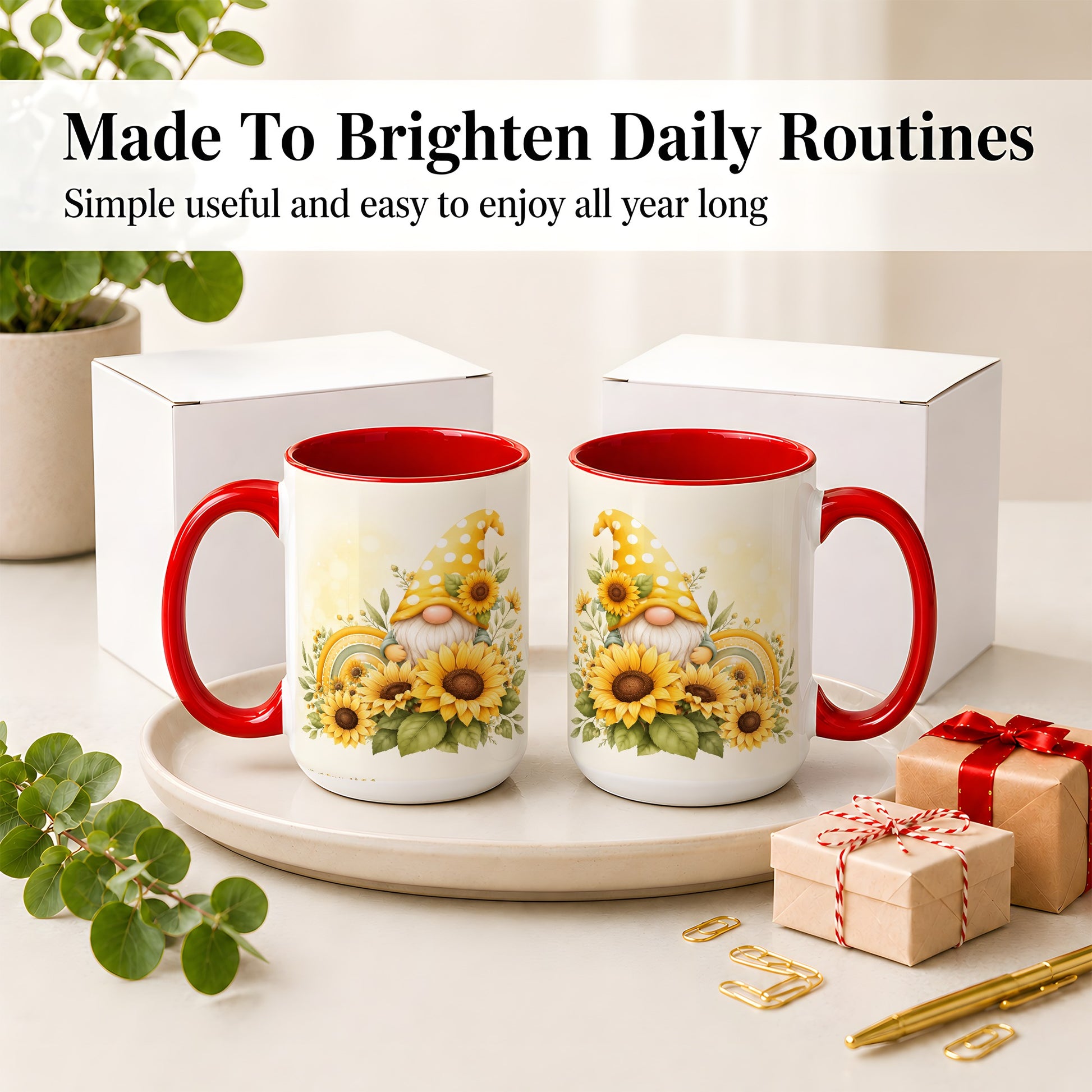 #pl[15oz|Red] Sunflower Gnome Ceramic Mug, Yellow Floral Rainbow Garden Artwork