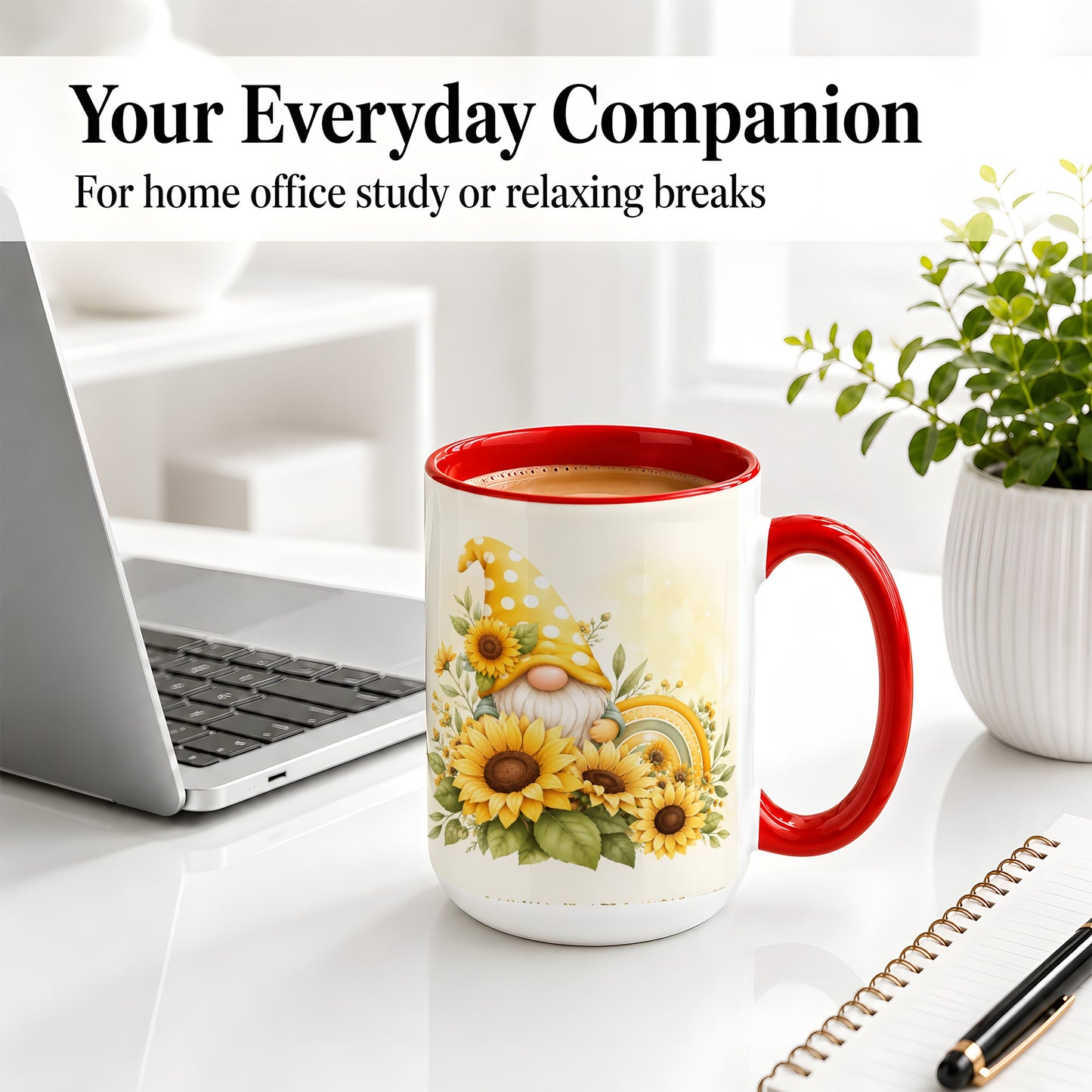 #pl[15oz|Red] Sunflower Gnome Ceramic Mug, Yellow Floral Rainbow Garden Artwork