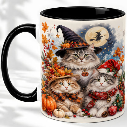 #pl[11oz|Black] Halloween Cats Ceramic Mug, Witch Hat Pumpkin Art for Cat Lovers