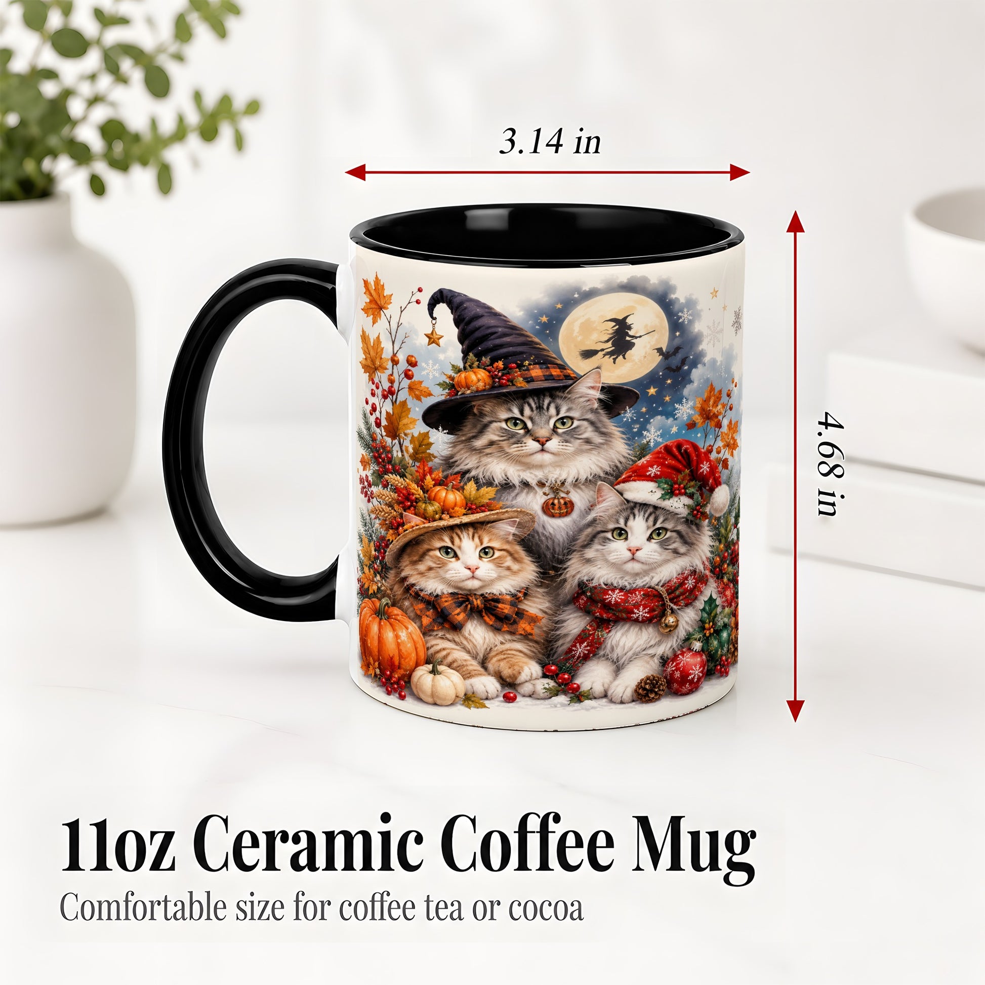 #pl[11oz|Black] Halloween Cats Ceramic Mug, Witch Hat Pumpkin Art for Cat Lovers