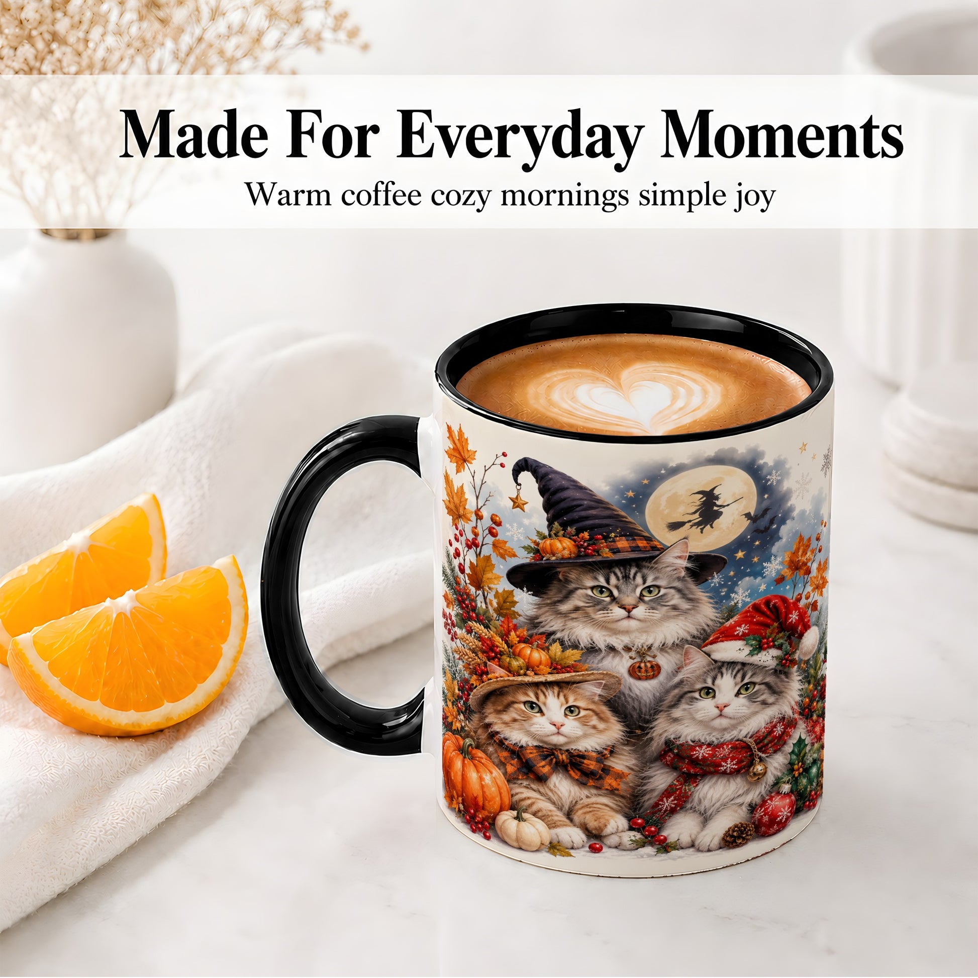 #pl[11oz|Black] Halloween Cats Ceramic Mug, Witch Hat Pumpkin Art for Cat Lovers