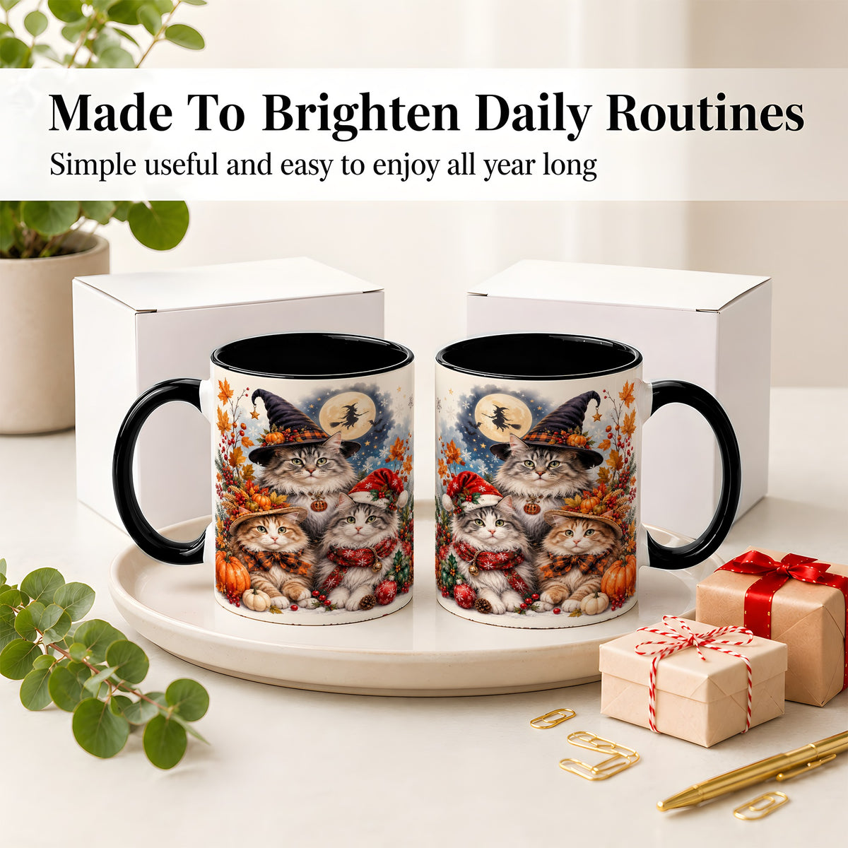 #pl[11oz|Black] Halloween Cats Ceramic Mug, Witch Hat Pumpkin Art for Cat Lovers