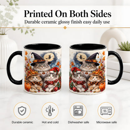#pl[11oz|Black] Halloween Cats Ceramic Mug, Witch Hat Pumpkin Art for Cat Lovers