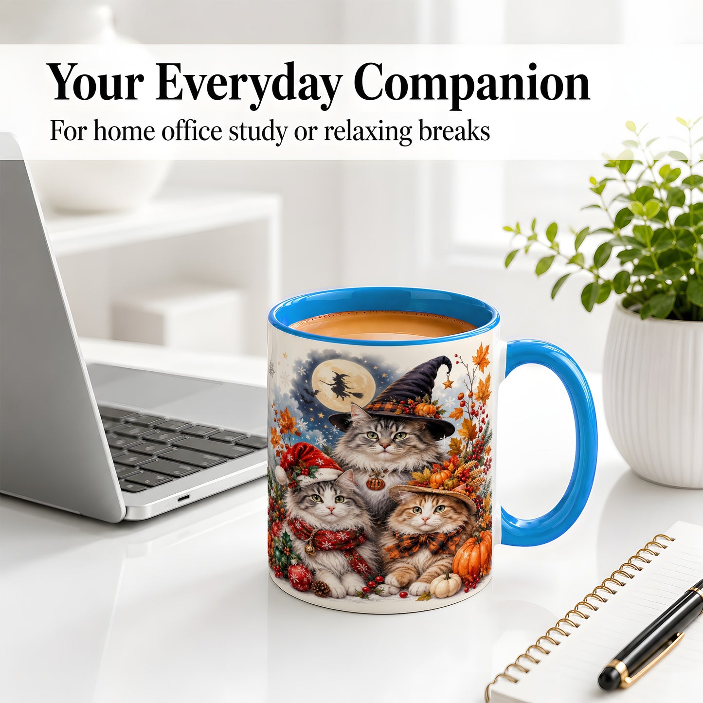 #pl[11oz|Blue] Halloween Cats Ceramic Mug, Witch Hat Pumpkin Art for Cat Lovers