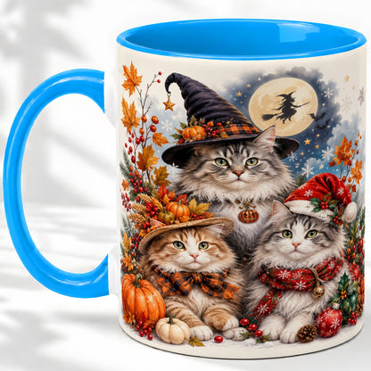 #pl[11oz|Blue] Halloween Cats Ceramic Mug, Witch Hat Pumpkin Art for Cat Lovers