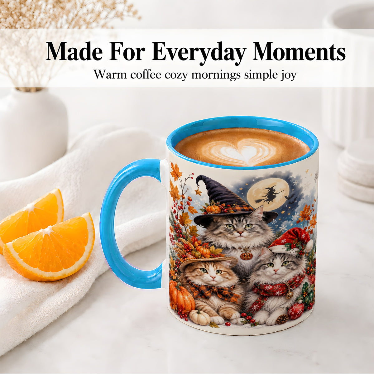 #pl[11oz|Blue] Halloween Cats Ceramic Mug, Witch Hat Pumpkin Art for Cat Lovers