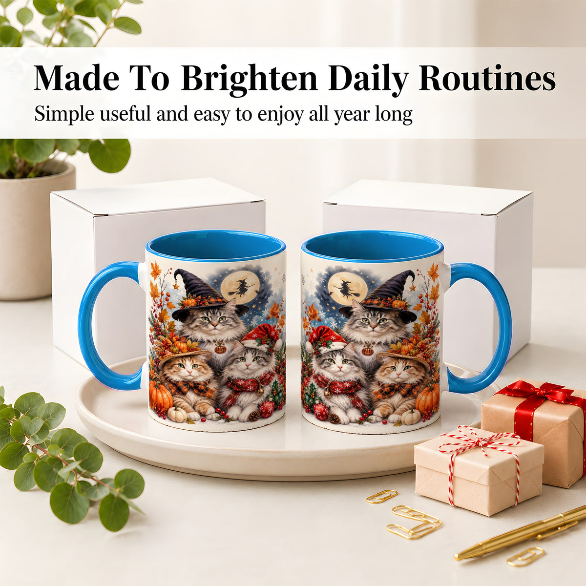 #pl[11oz|Blue] Halloween Cats Ceramic Mug, Witch Hat Pumpkin Art for Cat Lovers