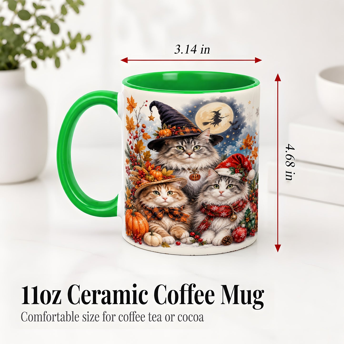 #pl[11oz|Green] Halloween Cats Ceramic Mug, Witch Hat Pumpkin Art for Cat Lovers