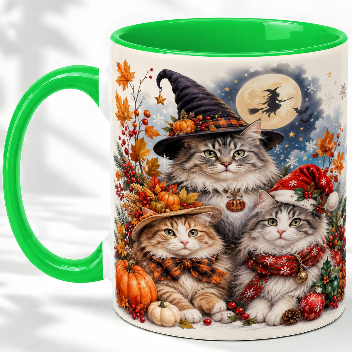 #pl[11oz|Green] Halloween Cats Ceramic Mug, Witch Hat Pumpkin Art for Cat Lovers