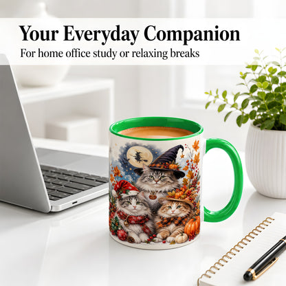 #pl[11oz|Green] Halloween Cats Ceramic Mug, Witch Hat Pumpkin Art for Cat Lovers