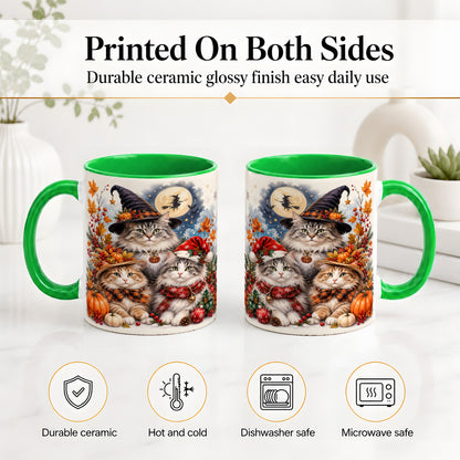 #pl[11oz|Green] Halloween Cats Ceramic Mug, Witch Hat Pumpkin Art for Cat Lovers
