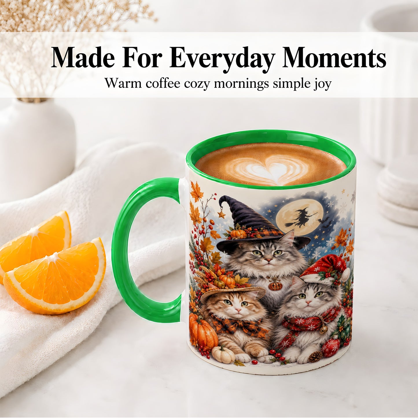 #pl[11oz|Green] Halloween Cats Ceramic Mug, Witch Hat Pumpkin Art for Cat Lovers
