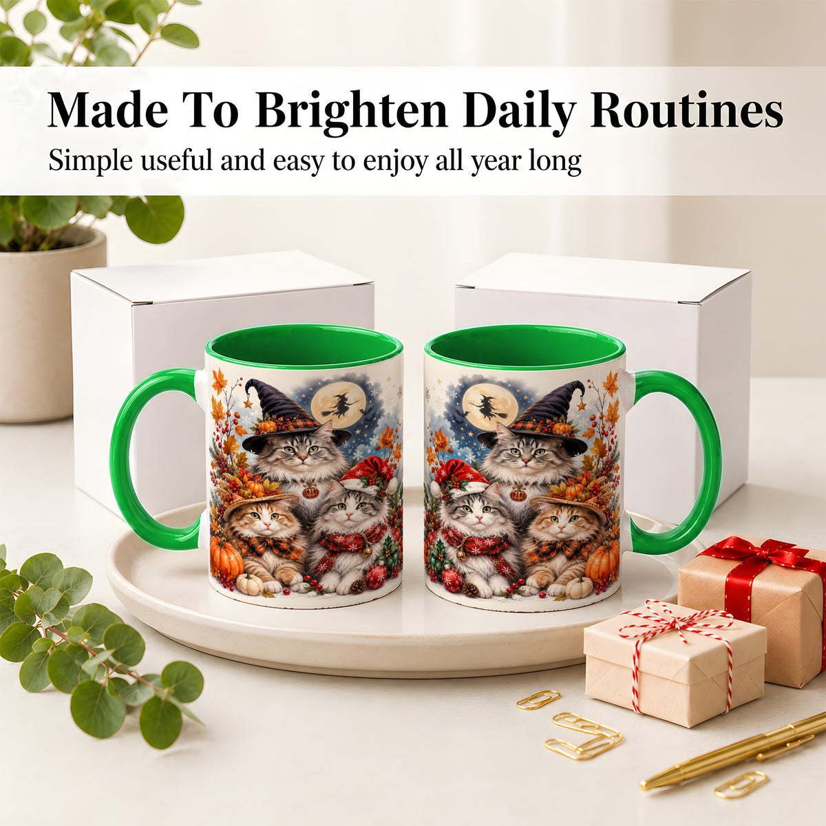 #pl[11oz|Green] Halloween Cats Ceramic Mug, Witch Hat Pumpkin Art for Cat Lovers