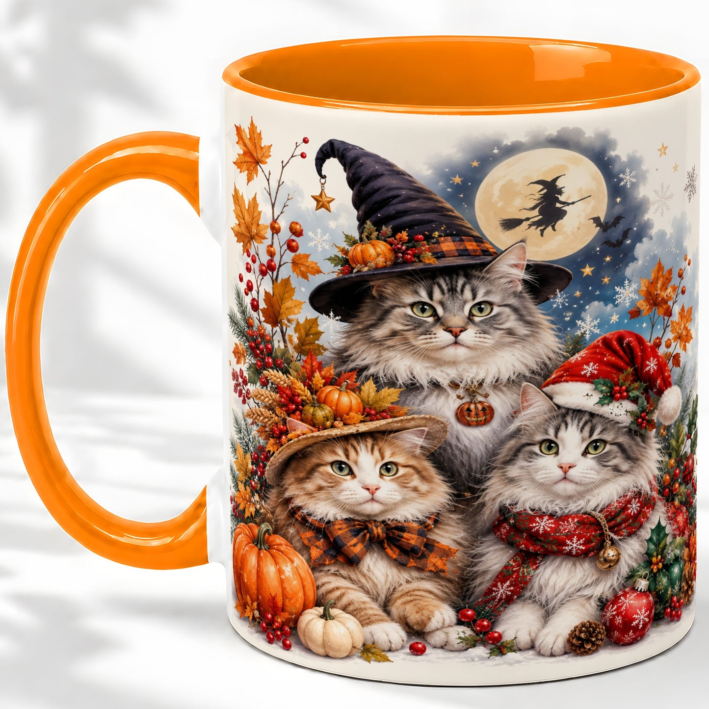 #pl[11oz|Orange] Halloween Cats Ceramic Mug, Witch Hat Pumpkin Art for Cat Lovers