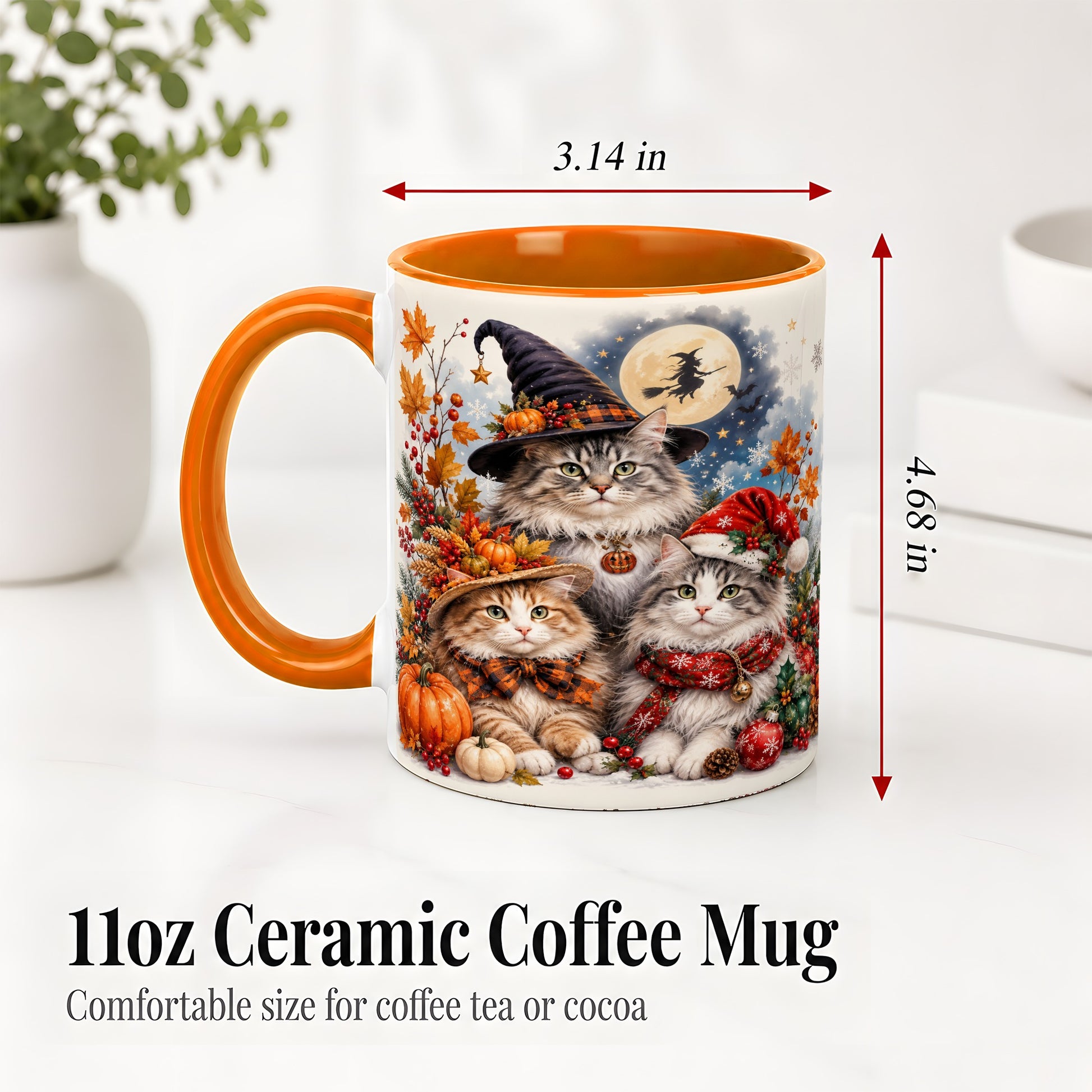 #pl[11oz|Orange] Halloween Cats Ceramic Mug, Witch Hat Pumpkin Art for Cat Lovers