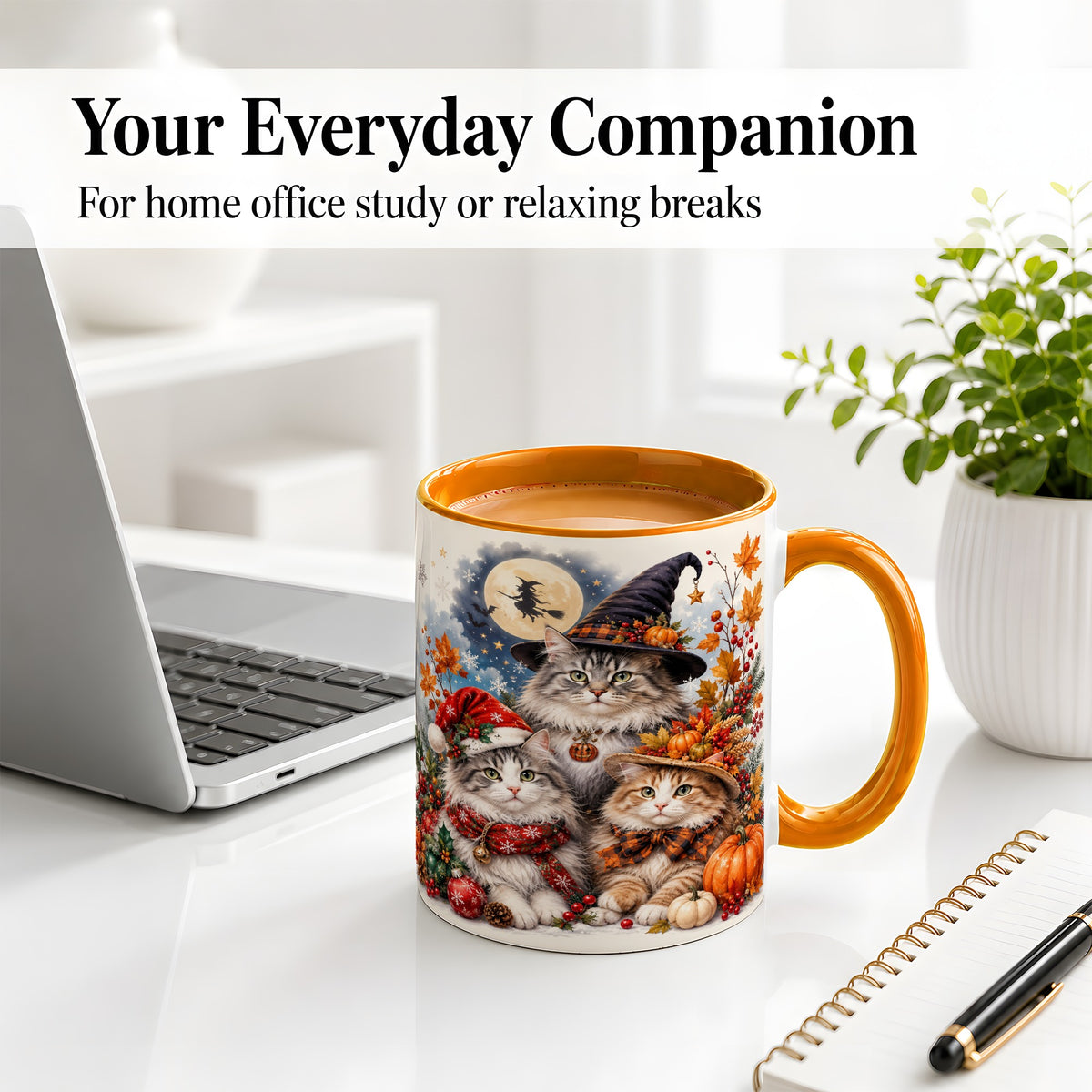 #pl[11oz|Orange] Halloween Cats Ceramic Mug, Witch Hat Pumpkin Art for Cat Lovers