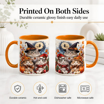 #pl[11oz|Orange] Halloween Cats Ceramic Mug, Witch Hat Pumpkin Art for Cat Lovers