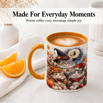 #pl[11oz|Orange] Halloween Cats Ceramic Mug, Witch Hat Pumpkin Art for Cat Lovers
