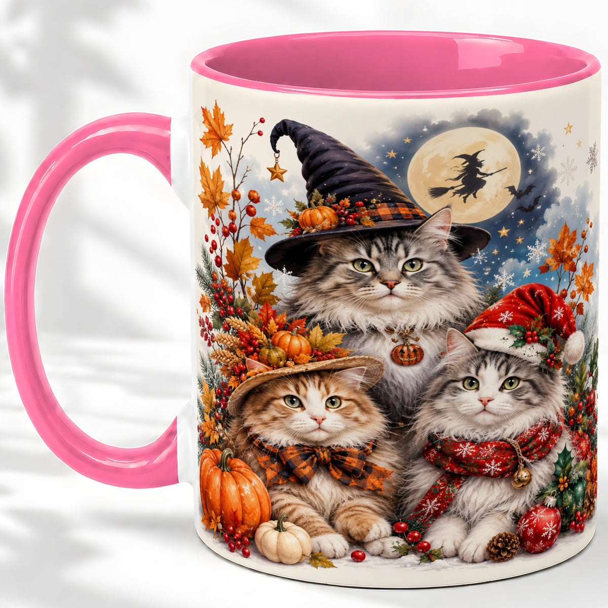 #pl[11oz|Pink] Halloween Cats Ceramic Mug, Witch Hat Pumpkin Art for Cat Lovers