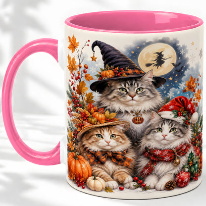 #pl[11oz|Pink] Halloween Cats Ceramic Mug, Witch Hat Pumpkin Art for Cat Lovers
