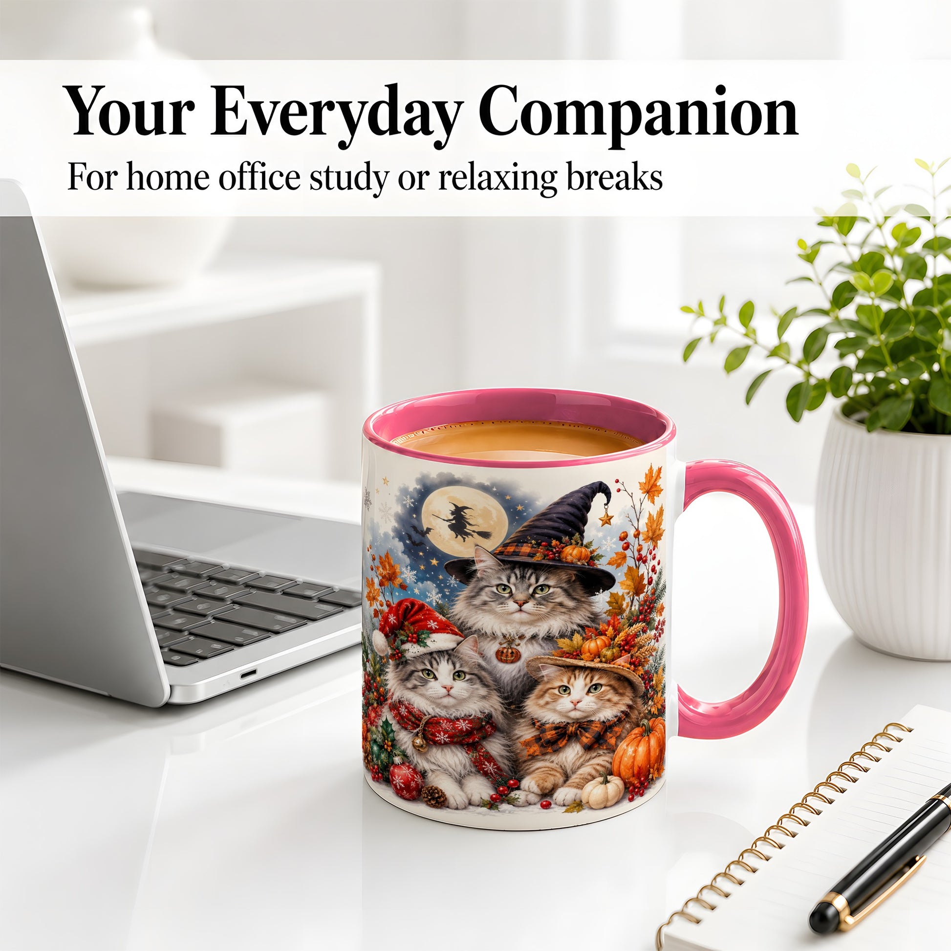 #pl[11oz|Pink] Halloween Cats Ceramic Mug, Witch Hat Pumpkin Art for Cat Lovers